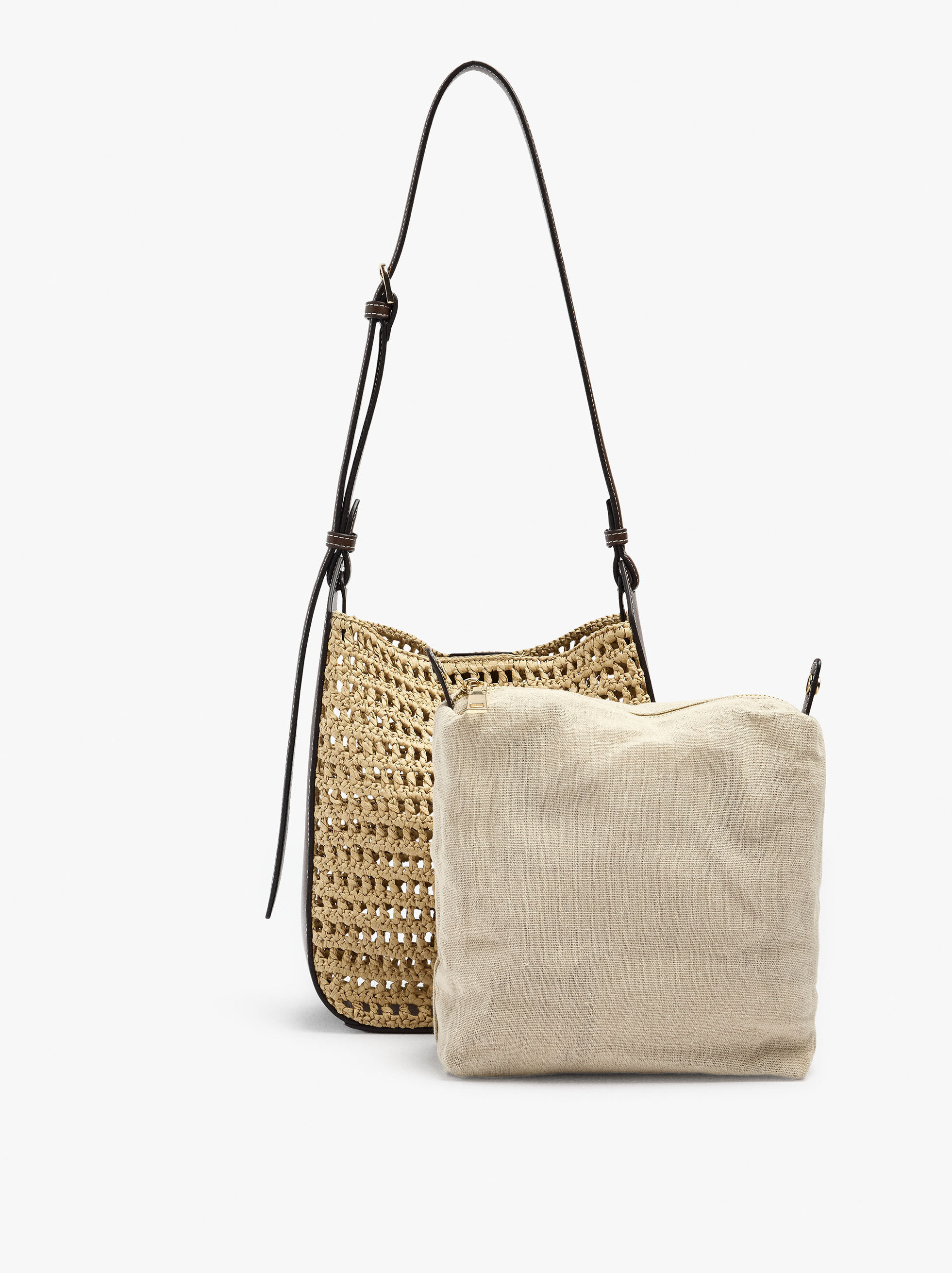 Schultertasche aus Strohoptik mit abnehmbarer Tasche