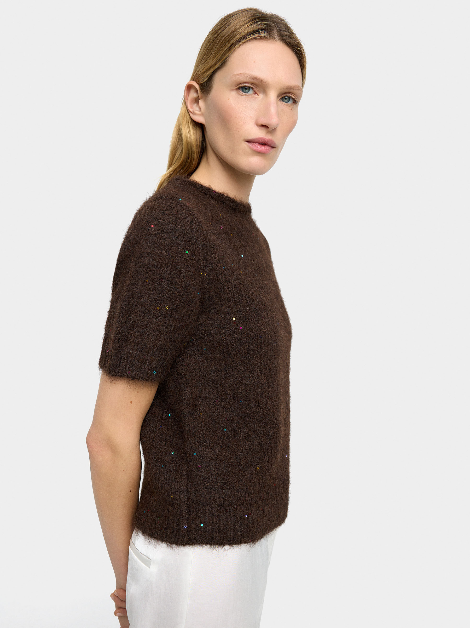 Mesh-T-Shirt mit kurzen Ärmeln und Glitzer-Details